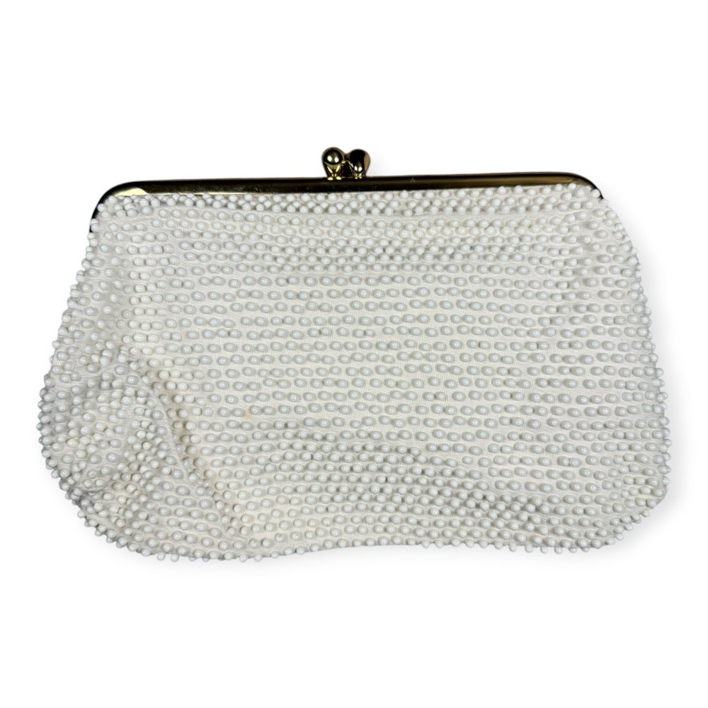Lumured White Beaded Satin Kiss Lock Clutch Evening Bag Gold Tone Frame